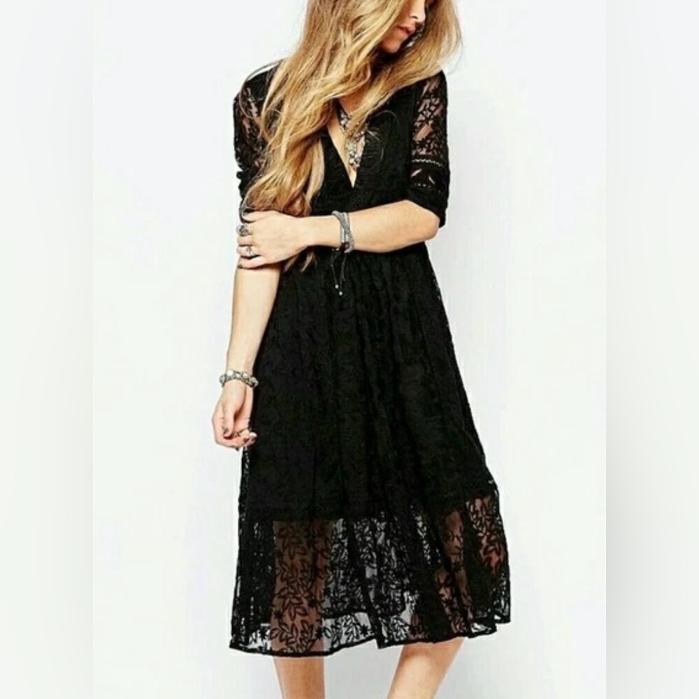 #204 Free People Mountain Laurel Black Lace‎ Crochet Midi Dress Size 4